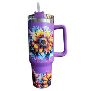 Hand Crafted Stainless Steel Purple Tumbler with Sunflower Design, 40 oz. NIB
